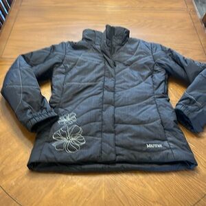 Marmot Ski Snowboard Puffer Jacket Medium Black Embroidered Flowers Winter Coat